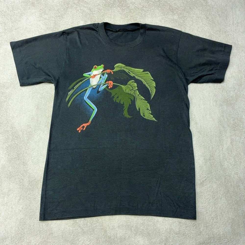 Vintage 90s Harlequin Nature Graphics Frog T-Shirt 1991 Single Stitch Mens S?